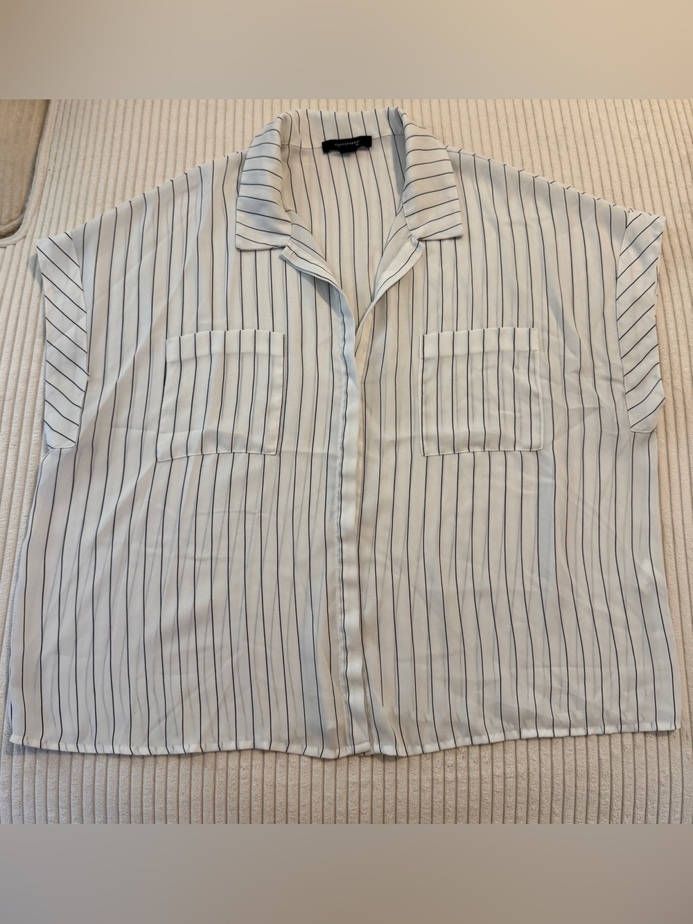 Atmosphere White Button-Up Blouse with Black Pinstripes